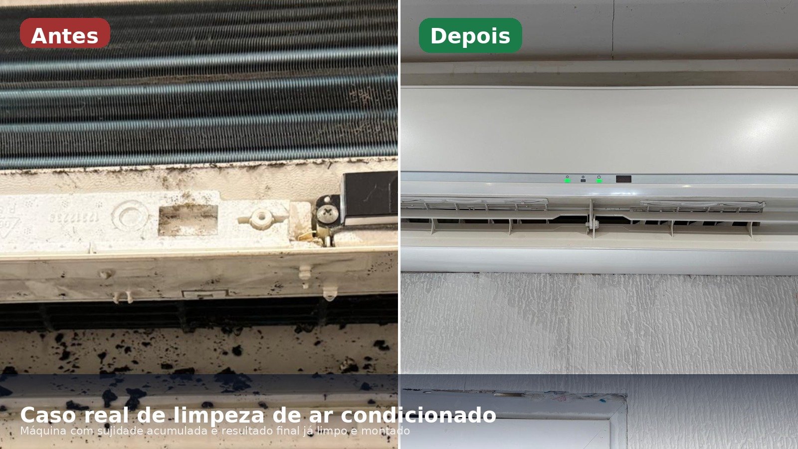Comparação antes e depois de uma limpeza real de ar condicionado